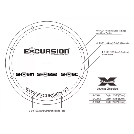 Excursion SHX-6C 2-drożny samochodowy zestaw głośnikowy: 2 woofery 165mm, 2 tweetery 25mm, 2 zwrotnice - 3ohm, 90/250W, 92dB, 50-21000Hz, głębokość 60